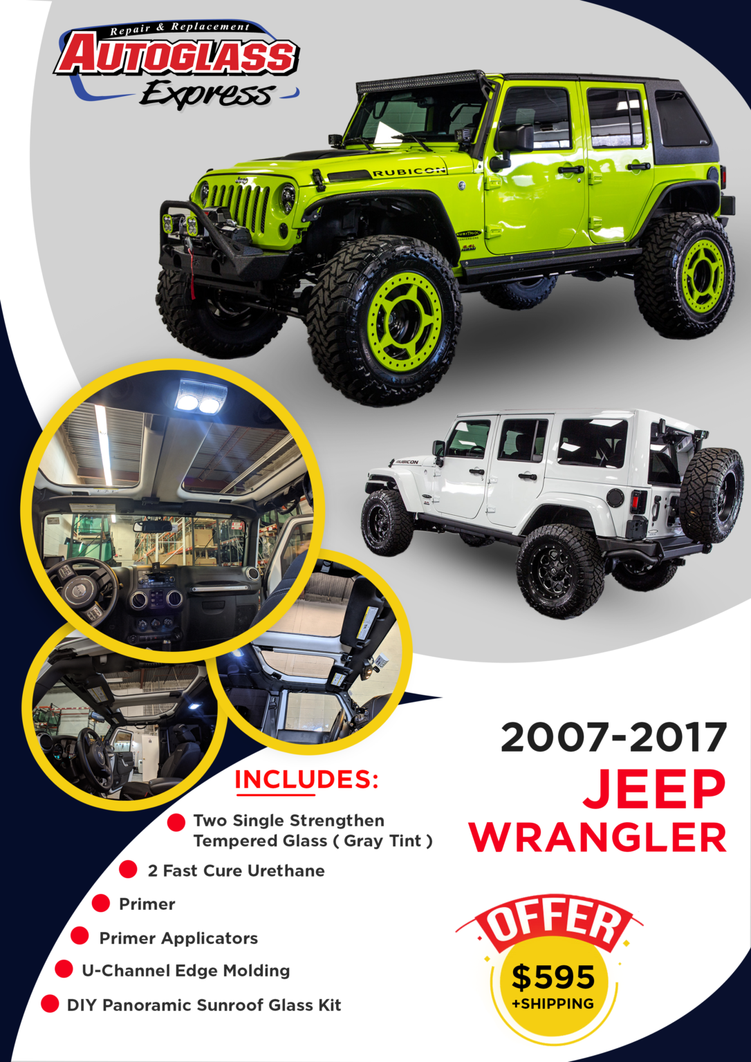 DIY 0717 Jeep Wrangler Panoramic Sunroof Glass Kit Auto Glass Express